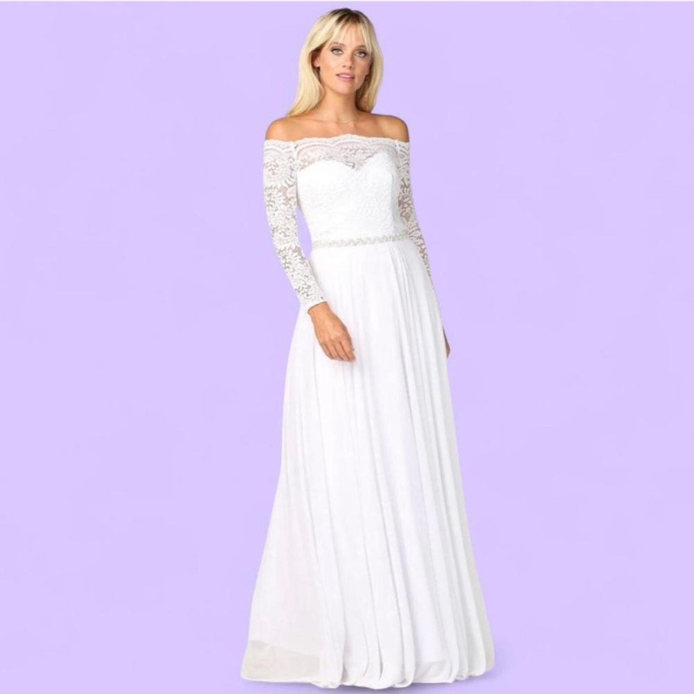 NWT Elegant White Lace Off-Shoulder Chiffon Dress (Size XL)